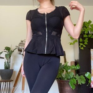 Bebe Black Sheer Peplum Zip Top
